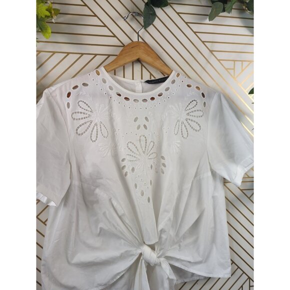 ZARA Women's White Embroidered Front Knotted Poplin Short Sleeve Top Boho Med - Picture 3 of 6